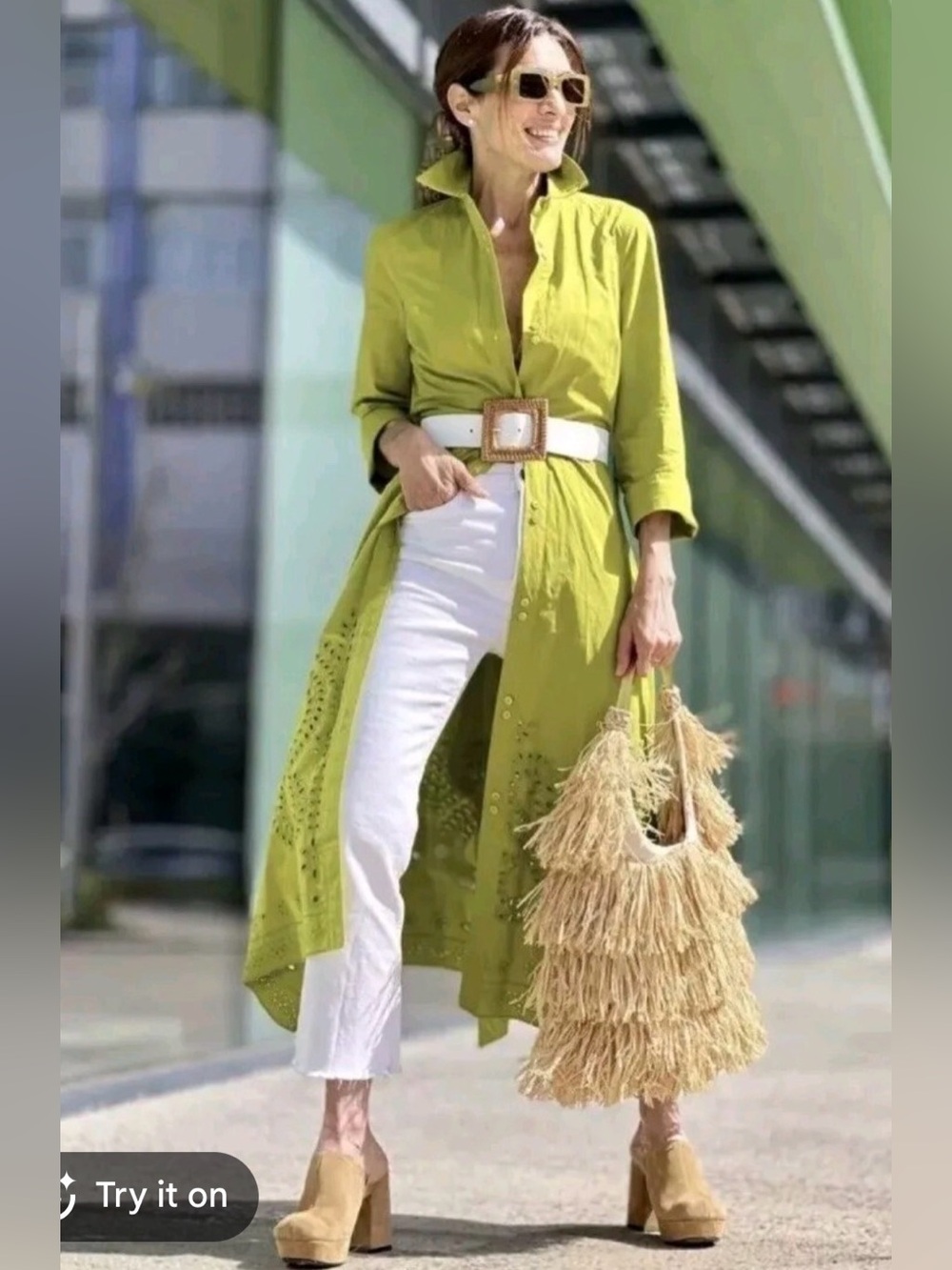 Lime Green Eyelet Shirt Dress with Waist Tie
